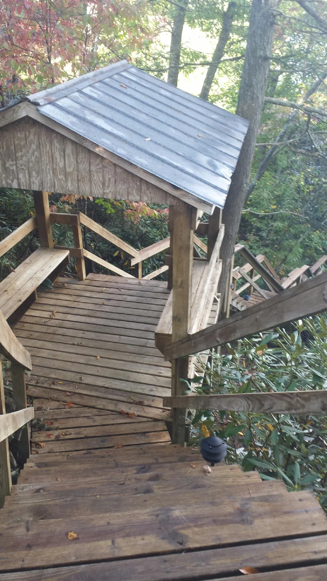 Metal roofed shelter over wooden steps on a wooded walkway — Skylight Repair & Installation work by our crew in Vilas